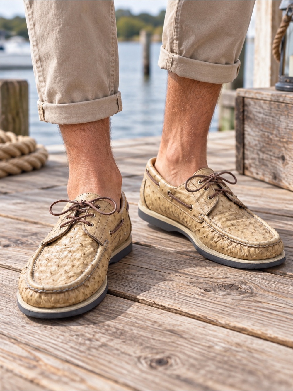 Men's Tan Ostrich-Texture Boat Shoes with Brown Laces